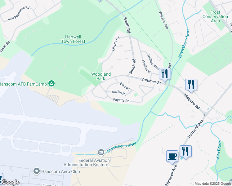 map of restaurants, bars, coffee shops, grocery stores, and more near 30 Marion Road in Bedford