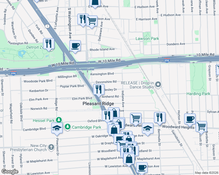map of restaurants, bars, coffee shops, grocery stores, and more near 20 Wellesley Drive in Pleasant Ridge