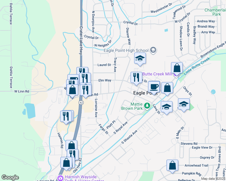 map of restaurants, bars, coffee shops, grocery stores, and more near 497 East Linn Road in Eagle Point