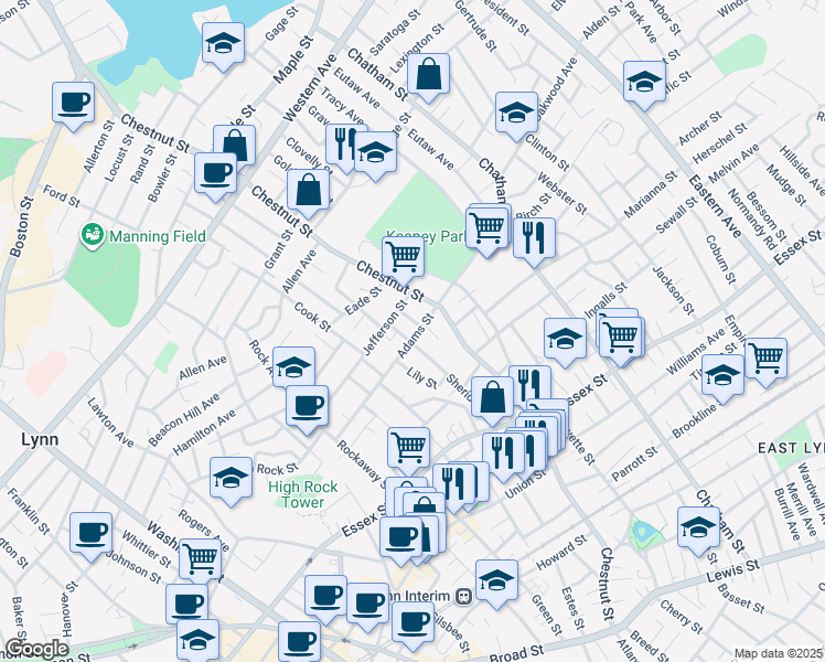 map of restaurants, bars, coffee shops, grocery stores, and more near 42 Adams Street in Lynn