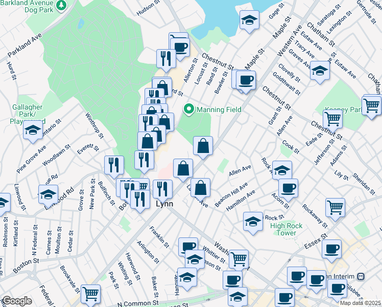 map of restaurants, bars, coffee shops, grocery stores, and more near 1 Bickerton Street in Lynn