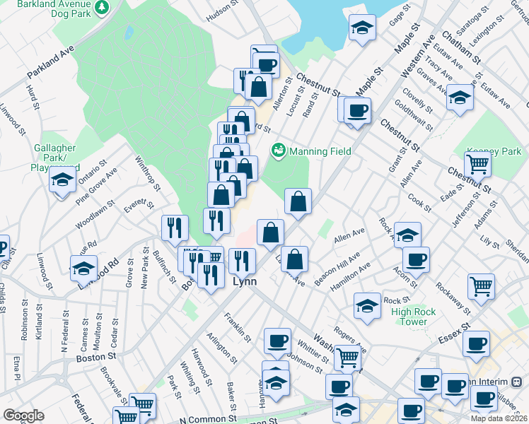 map of restaurants, bars, coffee shops, grocery stores, and more near 2 Bickerton Street in Lynn