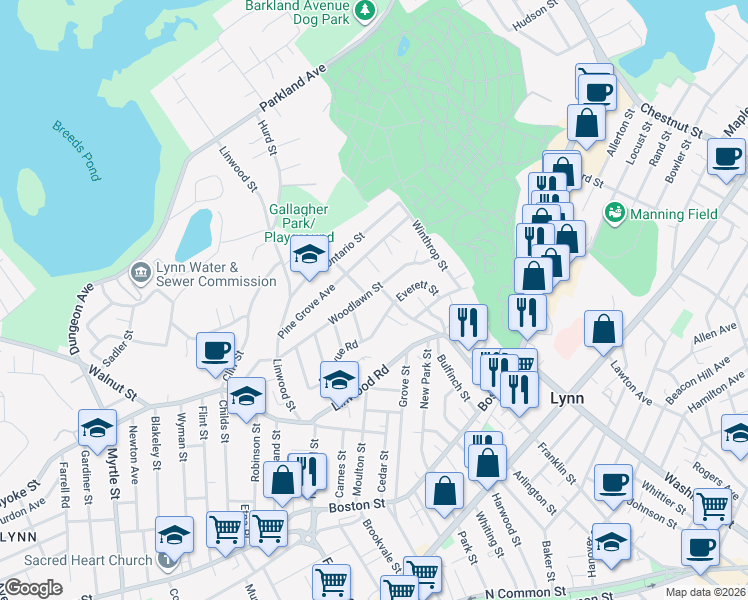 map of restaurants, bars, coffee shops, grocery stores, and more near 146 Bellevue Road in Lynn