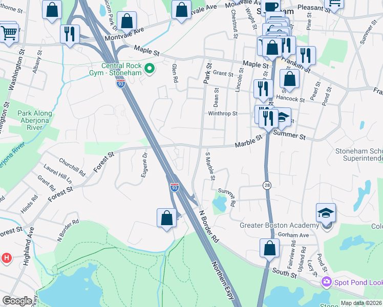 map of restaurants, bars, coffee shops, grocery stores, and more near 27 Katherine Road in Stoneham