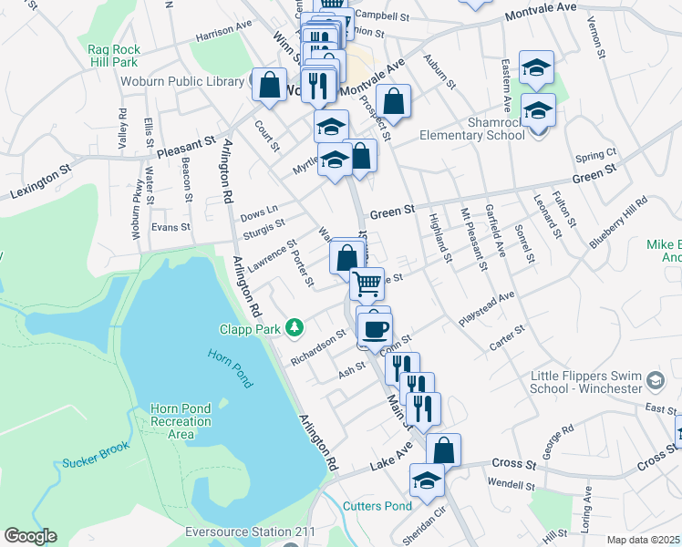 map of restaurants, bars, coffee shops, grocery stores, and more near 11 Porter Street in Woburn