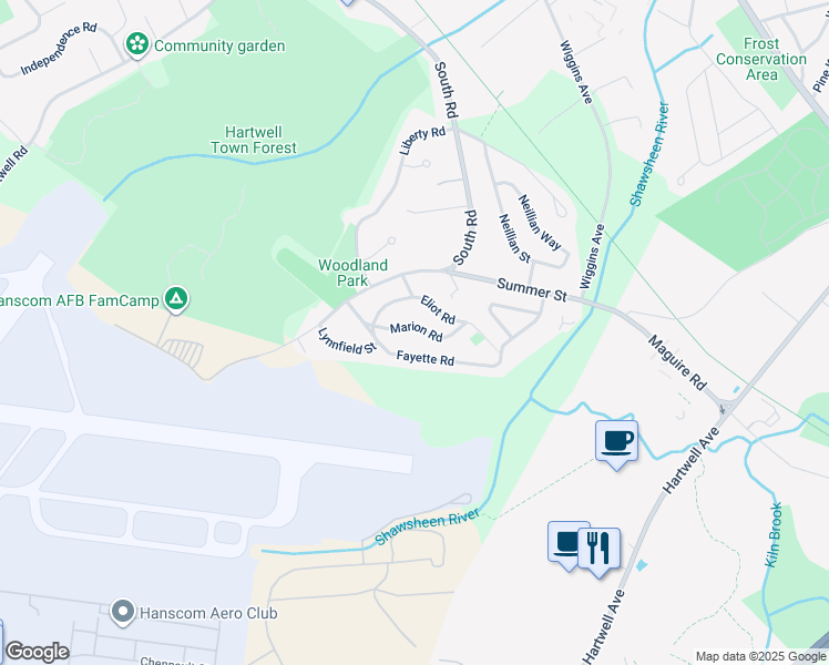 map of restaurants, bars, coffee shops, grocery stores, and more near 18 Fayette Road in Bedford