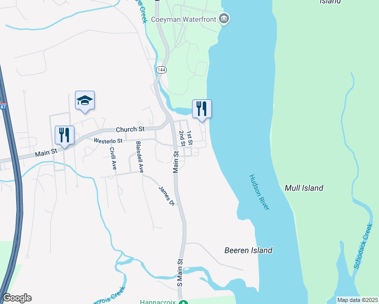 map of restaurants, bars, coffee shops, grocery stores, and more near 1 Westerlo Street in Coeymans
