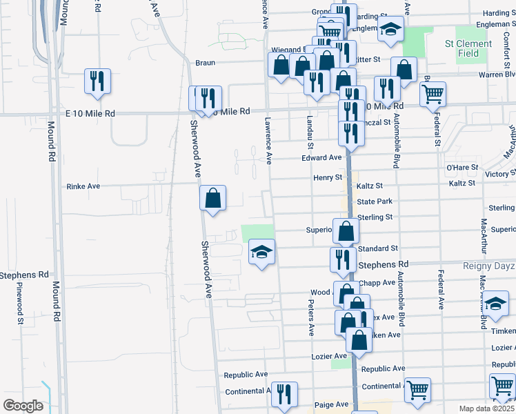 map of restaurants, bars, coffee shops, grocery stores, and more near 7074 Patricia Court in Center Line