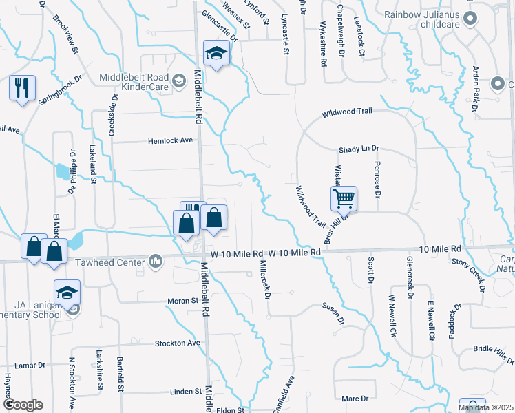 map of restaurants, bars, coffee shops, grocery stores, and more near 29250 West 10 Mile Road in Farmington Hills