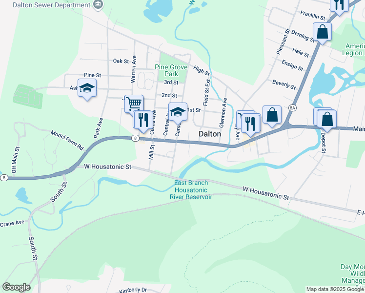 map of restaurants, bars, coffee shops, grocery stores, and more near 498 Main Street in Dalton