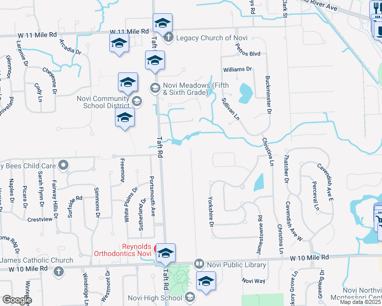 map of restaurants, bars, coffee shops, grocery stores, and more near 24970 Glenda Street in Novi