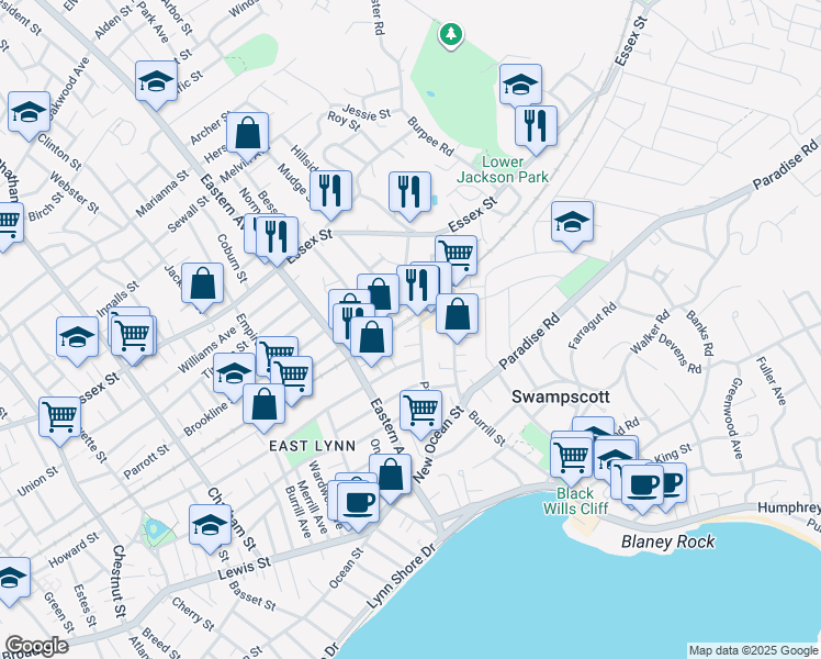 map of restaurants, bars, coffee shops, grocery stores, and more near 85 Pine Street in Swampscott