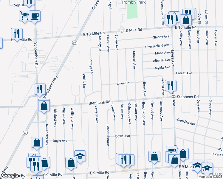 map of restaurants, bars, coffee shops, grocery stores, and more near 24264 Lauren Avenue in Warren