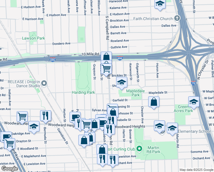 map of restaurants, bars, coffee shops, grocery stores, and more near 3161 Hilton Road in Ferndale
