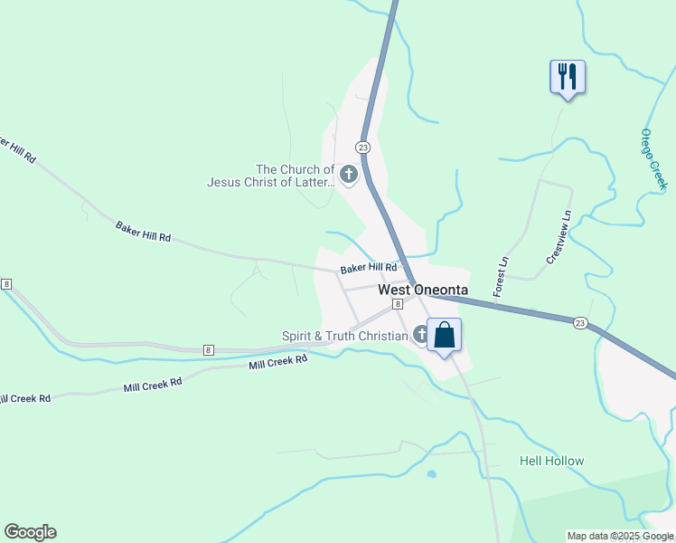 map of restaurants, bars, coffee shops, grocery stores, and more near 130 Baker Hill Rd in Oneonta
