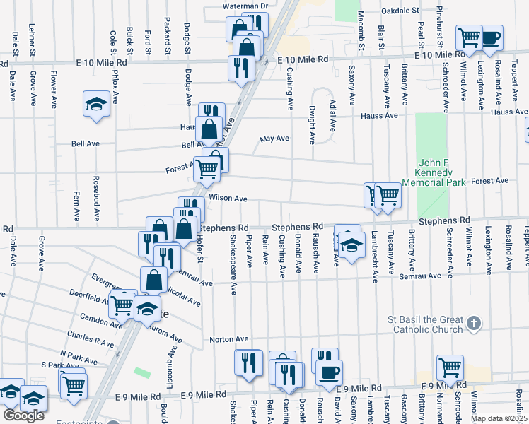 map of restaurants, bars, coffee shops, grocery stores, and more near 24244 Rein Avenue in Eastpointe