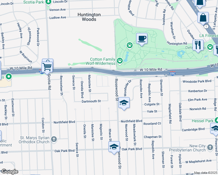map of restaurants, bars, coffee shops, grocery stores, and more near 10101 Austrian Way in Oak Park