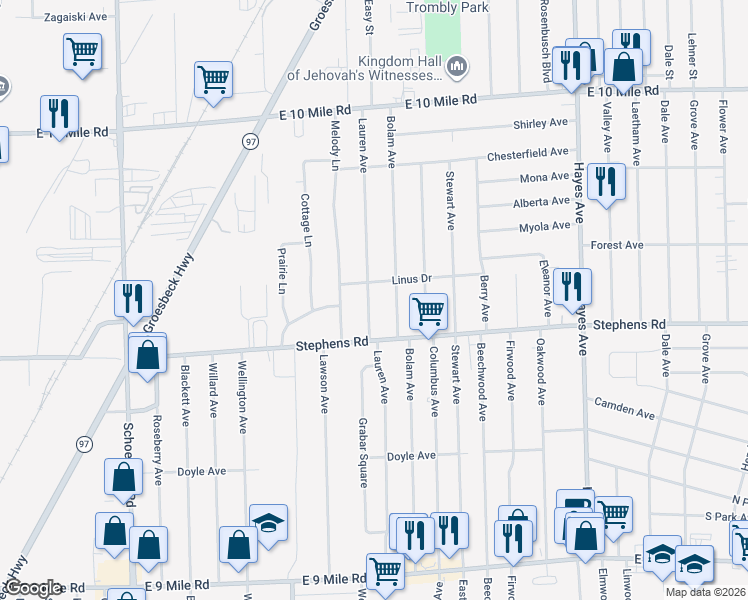 map of restaurants, bars, coffee shops, grocery stores, and more near 24264 Lauren Avenue in Warren