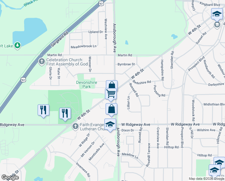map of restaurants, bars, coffee shops, grocery stores, and more near 3233 West 4th Street in Waterloo