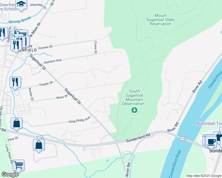 map of restaurants, bars, coffee shops, grocery stores, and more near 26 Mountain Road in Deerfield