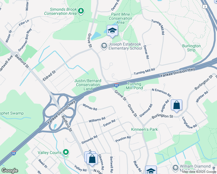 map of restaurants, bars, coffee shops, grocery stores, and more near Massachusetts 128 in Lexington