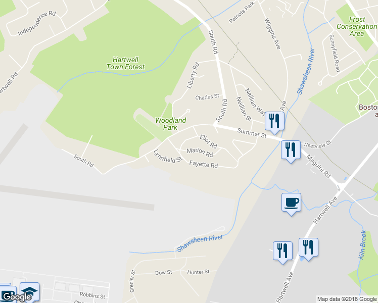 map of restaurants, bars, coffee shops, grocery stores, and more near 12 Marion Road in Bedford