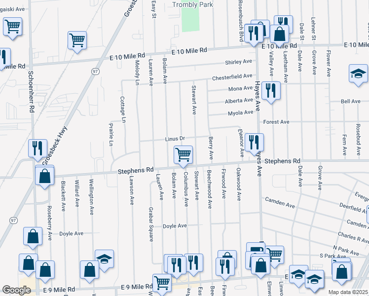 map of restaurants, bars, coffee shops, grocery stores, and more near 24270 Columbus Avenue in Warren