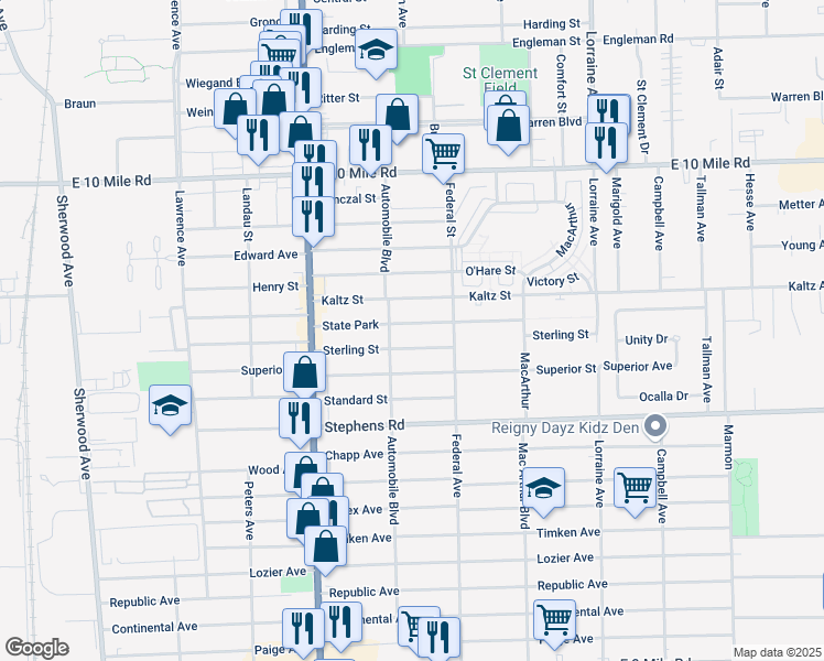 map of restaurants, bars, coffee shops, grocery stores, and more near 8225 Sterling Street in Center Line