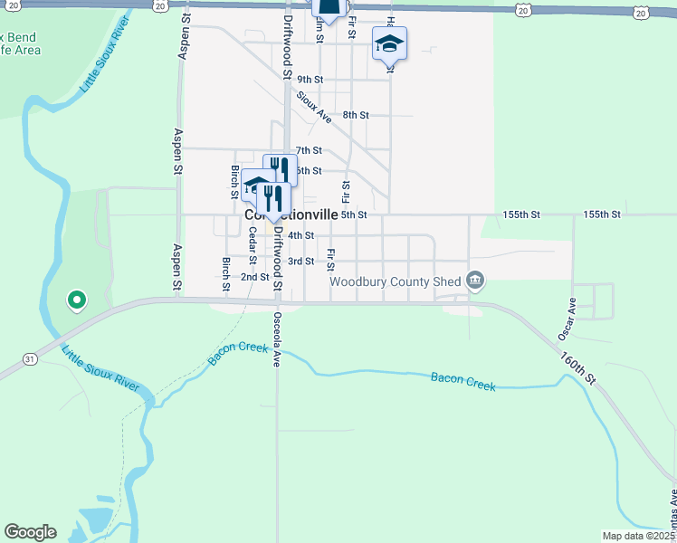 map of restaurants, bars, coffee shops, grocery stores, and more near 101-299 Fir Street in Correctionville