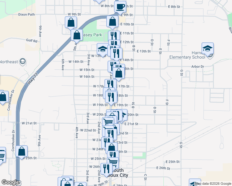 map of restaurants, bars, coffee shops, grocery stores, and more near 1801-1899 A St in South Sioux City