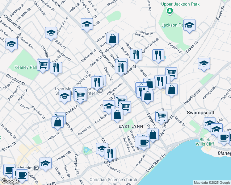 map of restaurants, bars, coffee shops, grocery stores, and more near 31 Empire Street in Lynn