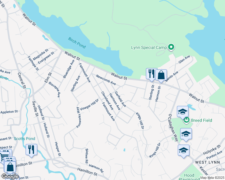 map of restaurants, bars, coffee shops, grocery stores, and more near 24 Harrison Avenue in Saugus