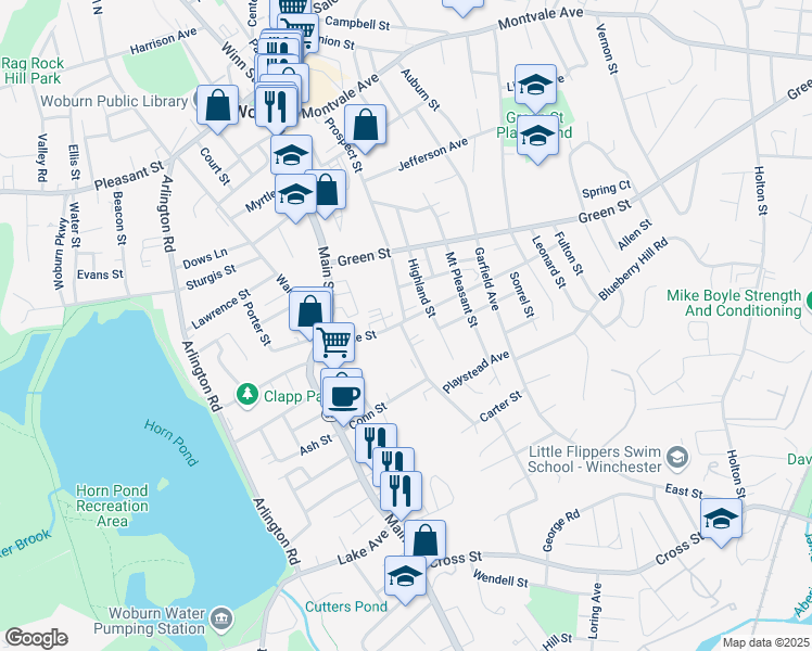 map of restaurants, bars, coffee shops, grocery stores, and more near 57 Conn Street in Woburn