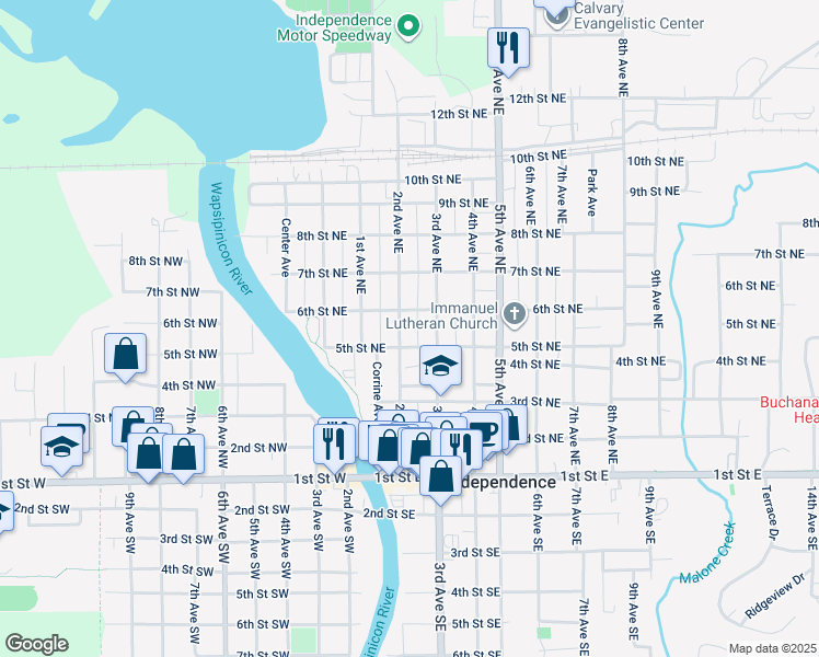 map of restaurants, bars, coffee shops, grocery stores, and more near 500 2nd Avenue Northeast in Independence