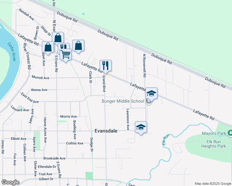 map of restaurants, bars, coffee shops, grocery stores, and more near 1000-1034 East End Avenue in Evansdale