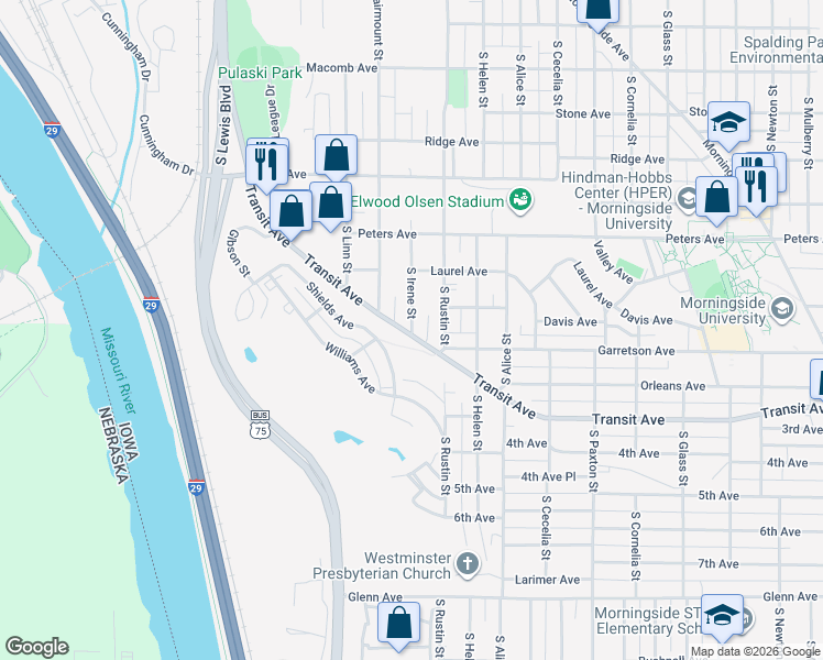 map of restaurants, bars, coffee shops, grocery stores, and more near 1800-1898 Whitehouse St in Sioux City
