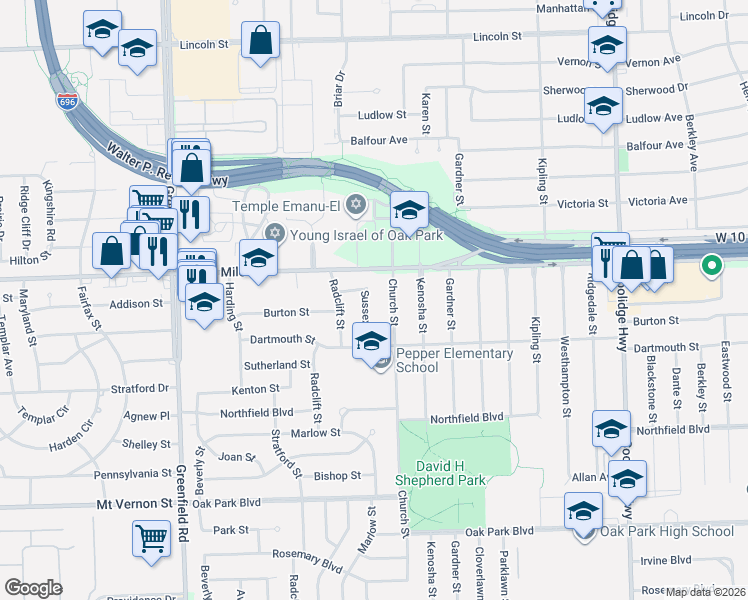 map of restaurants, bars, coffee shops, grocery stores, and more near 24650 Sussex Street in Oak Park