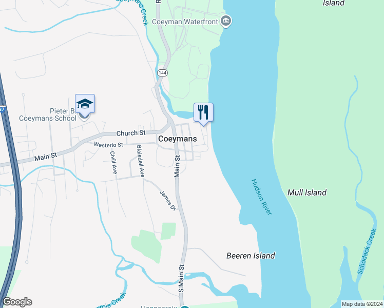 map of restaurants, bars, coffee shops, grocery stores, and more near 1 Westerlo Street in Coeymans