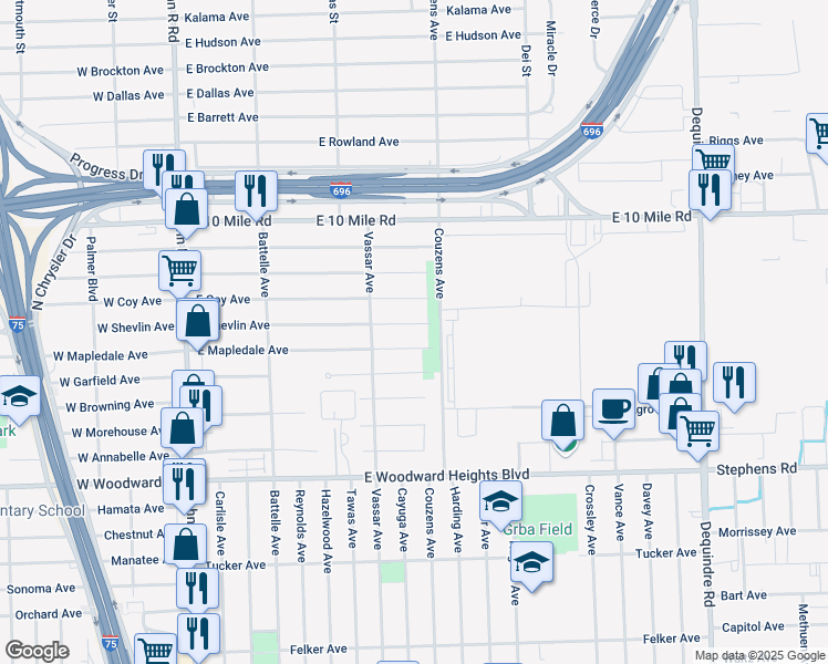 map of restaurants, bars, coffee shops, grocery stores, and more near 984 East Mapledale Avenue in Hazel Park