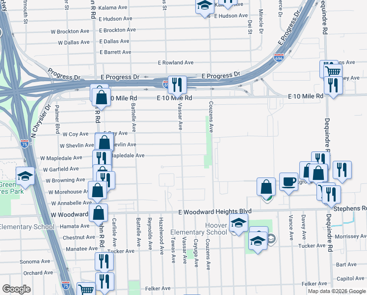 map of restaurants, bars, coffee shops, grocery stores, and more near 905 East Mapledale Avenue in Hazel Park