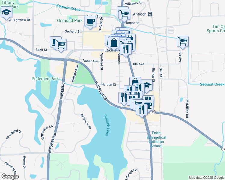 map of restaurants, bars, coffee shops, grocery stores, and more near 400 Harden Street in Antioch