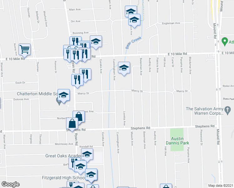 map of restaurants, bars, coffee shops, grocery stores, and more near 24332 Cunningham Avenue in Warren