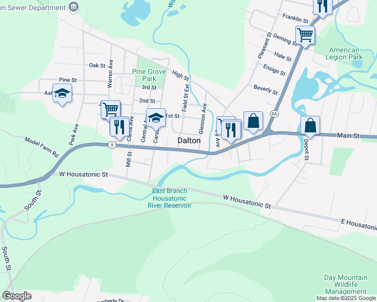 map of restaurants, bars, coffee shops, grocery stores, and more near Main Street in Dalton