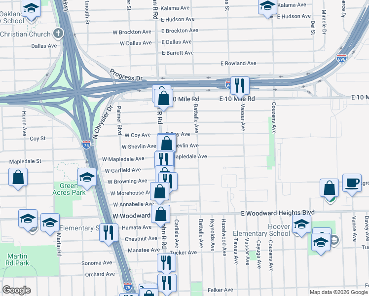 map of restaurants, bars, coffee shops, grocery stores, and more near 94 East Shevlin Avenue in Hazel Park