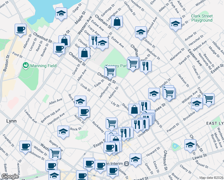 map of restaurants, bars, coffee shops, grocery stores, and more near 42 Adams Street in Lynn