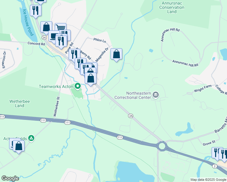 map of restaurants, bars, coffee shops, grocery stores, and more near 28 Commerford Road in Concord