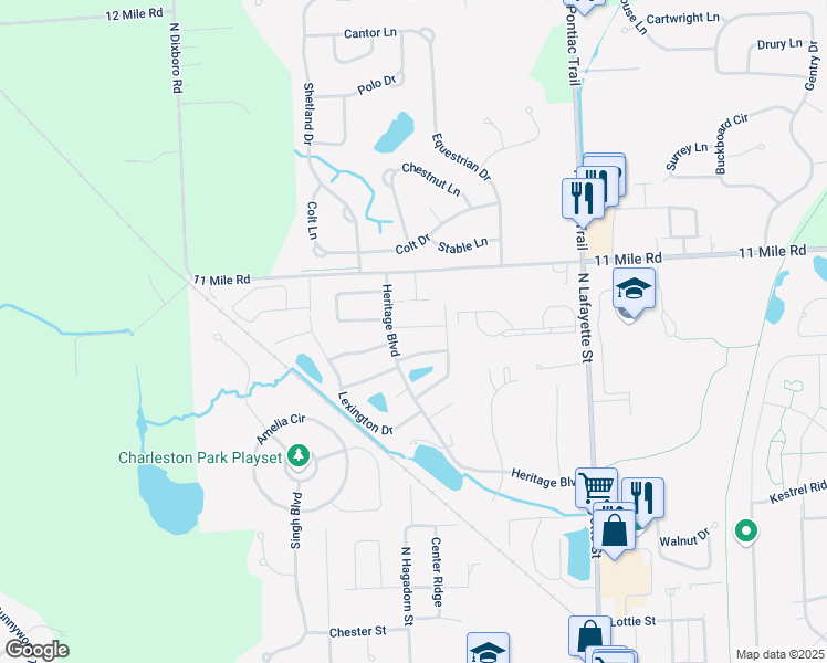 map of restaurants, bars, coffee shops, grocery stores, and more near 61962 Yorktown Drive in South Lyon