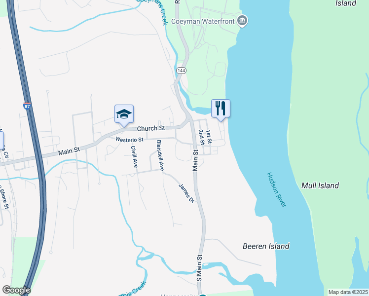 map of restaurants, bars, coffee shops, grocery stores, and more near 10 Colvin Avenue in Ravena