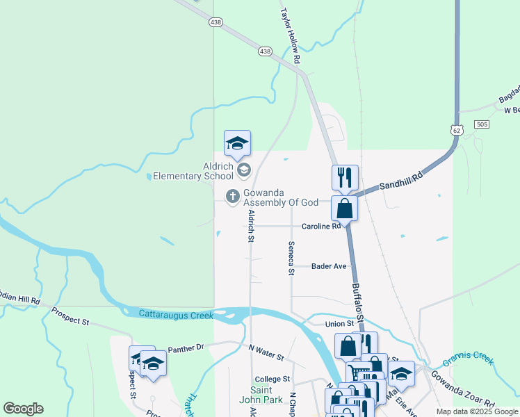 map of restaurants, bars, coffee shops, grocery stores, and more near 141 Caroline Road in Gowanda
