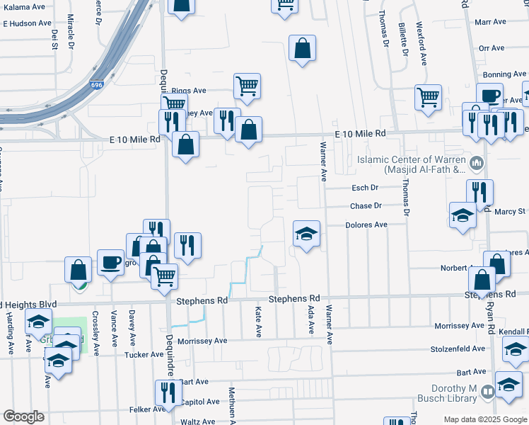 map of restaurants, bars, coffee shops, grocery stores, and more near 2409 Chalk Farm Road West in Warren